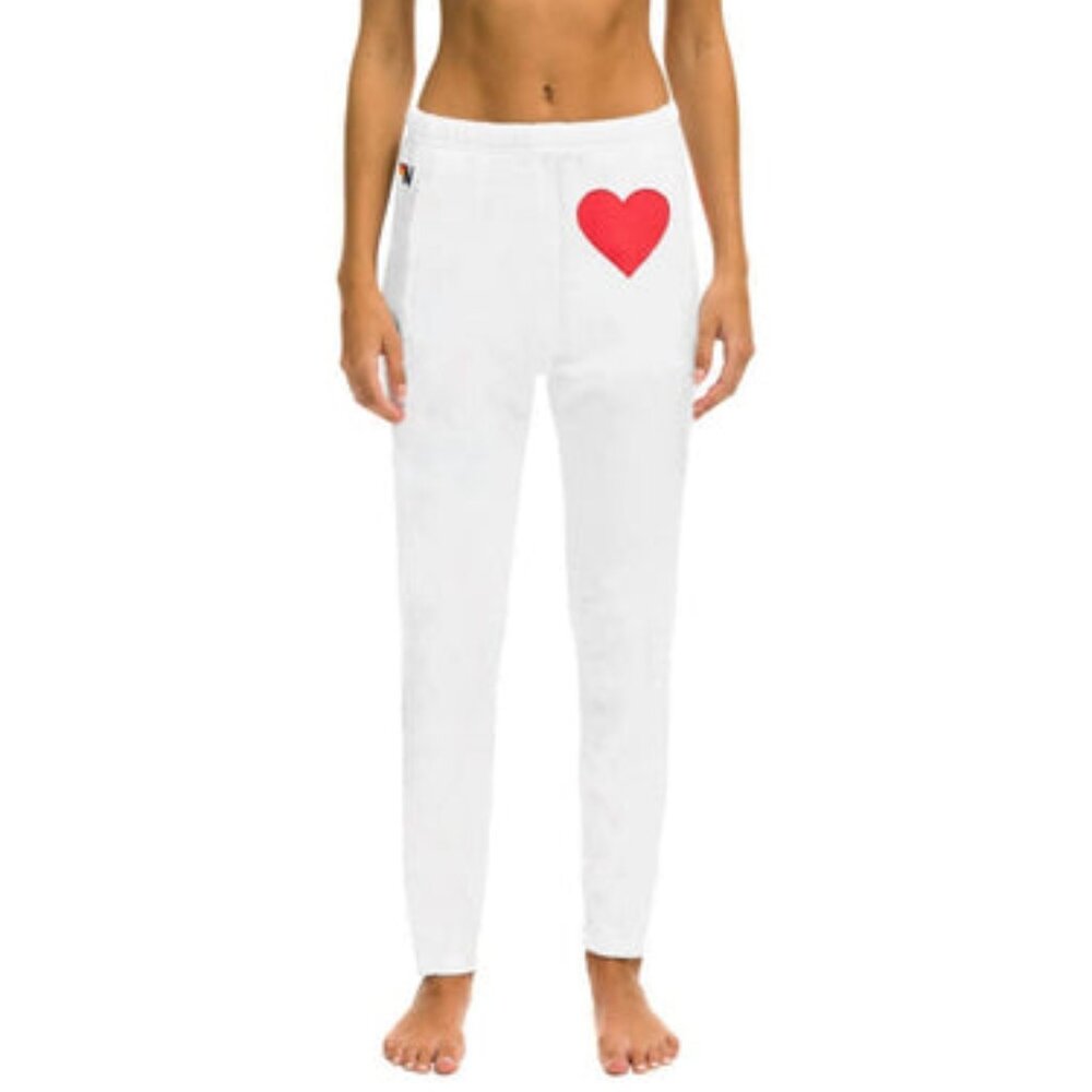 Aviator Nation White sweatpants with Red Heart Stitch Patch